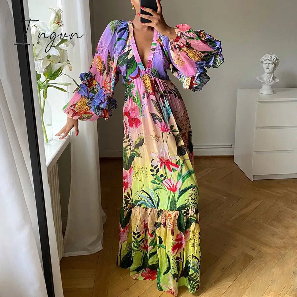 Ingvn - Women Long Maxi Dresses Floral Print Vintage Deep V Neck Sandbeach Holiday Dress Bohemian Vestidos African Sexy Party Dress