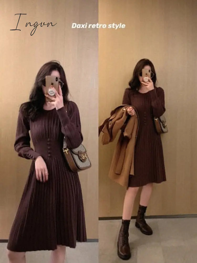 Ingvn - Knitted Dress Women Casual Long Sleeve Vintage Elegant Office Sweater Dress Female Spring One-piece Dress Korean Outerwear