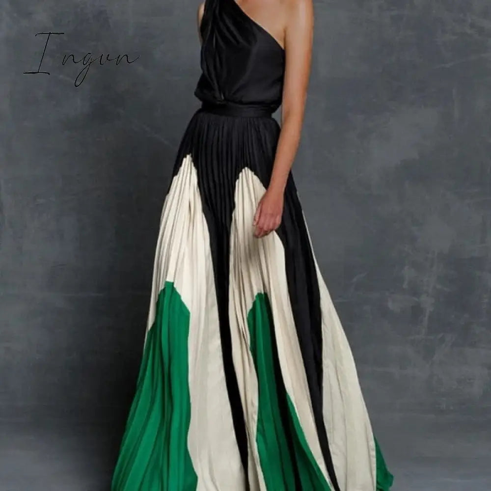 Ingvn - Summer Black Patchwork Inclined Off One Shoulder Women Dresses Contrast Color High Street Night Club Long Party Dress Clothing