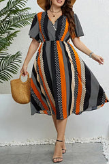 Ingvn - Casual Print Patchwork V Neck Short Sleeve Dress Plus Size Dresses