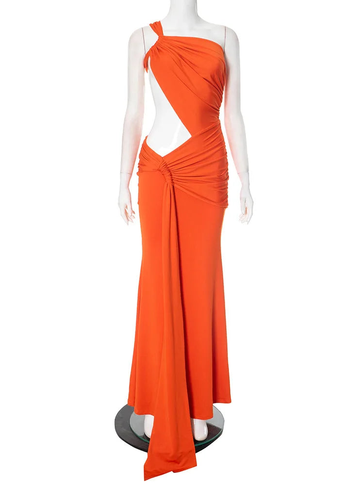 Irregular Ruched Sexy Maxi Dress For Women Gown Hollow Out One Shoulder Sleevelessdraped Bodycon Club Party Long Dress