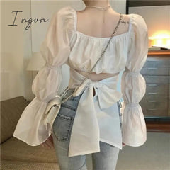 Ingvn - Women Spring Fashion Back Puff Sleeve Shirts Women Autumn French Bow Bandage Blouses New Black Pink Square Neck Cropped Tops Female