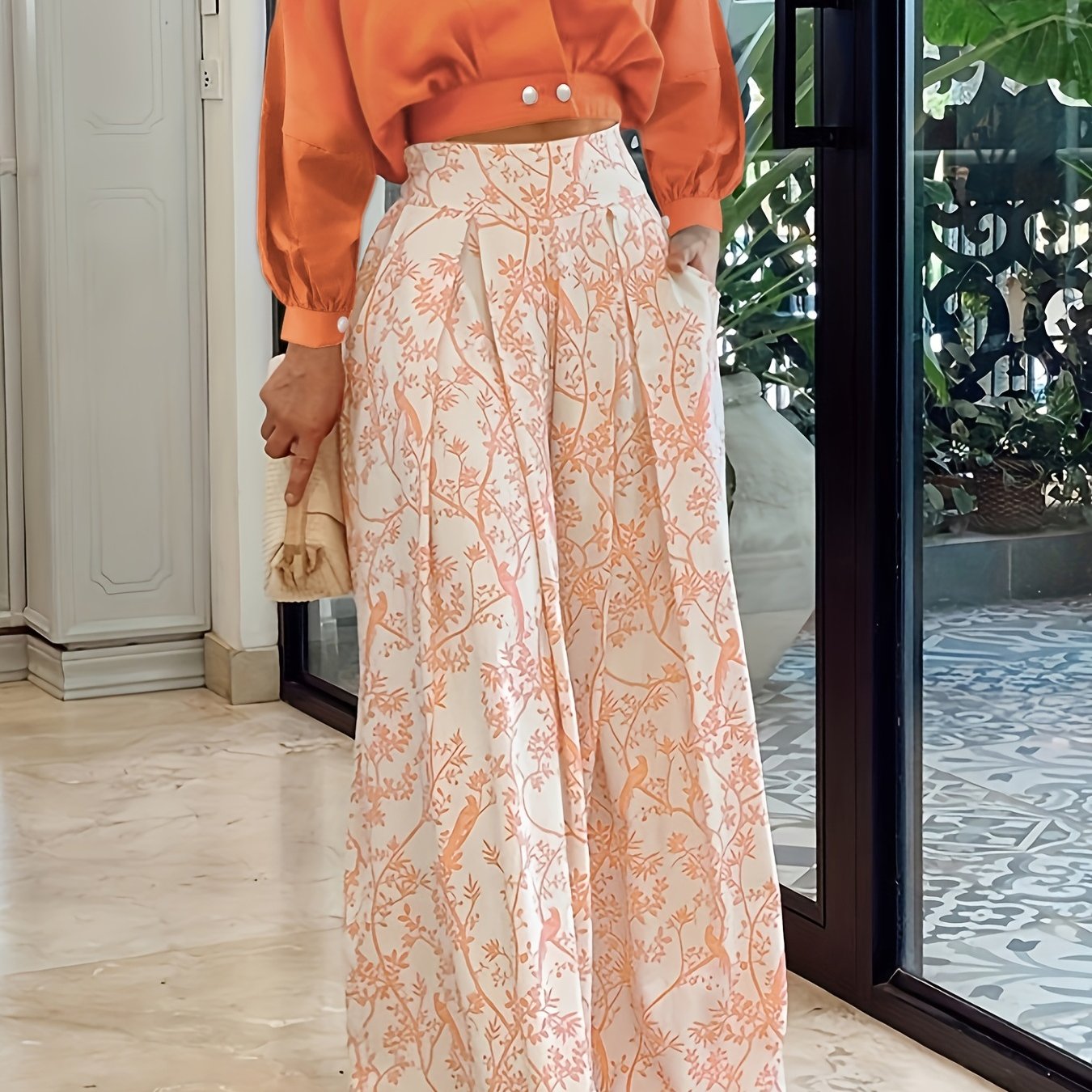Two-Piece Casual Outfit Set - Surplice Neck Solid Color Top with Adjustable Straps & Wide Leg Floral Print Pants - Comfortable Womens Clothing for Daily Wear
