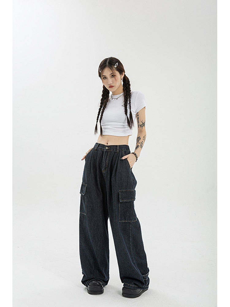 Harajuku Oversize Cargo Pants Women Japanese Streetwear Loose Wide Leg Trousers for Female Pockets Baggy Jeans Pant