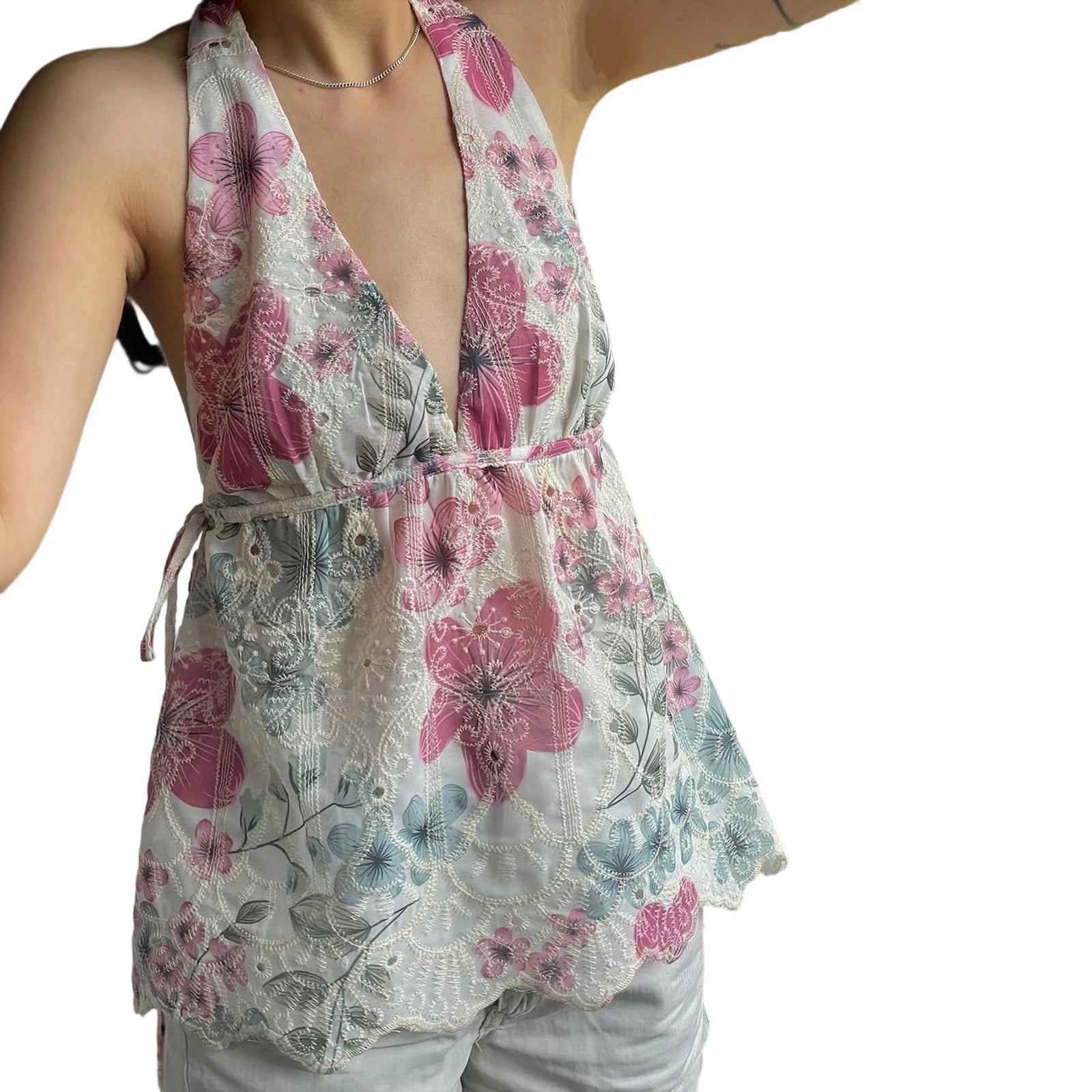 Women Floral Print Tank Tops V-Neck Tie-Up Halter Casual Vest Summer Sleeveless Tops Streetwear