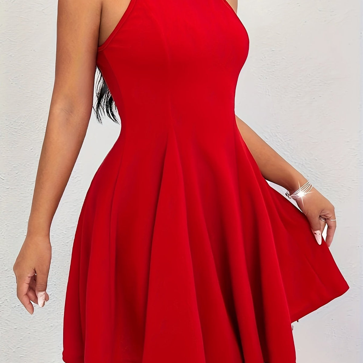 Solid Halter Neck Waist Swing Dress, Elegant Sleeveless Slim Dress, Women's Clothing