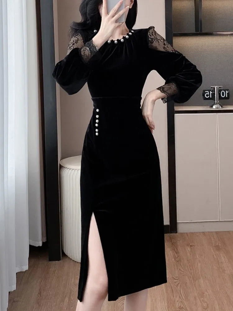 Autumn Elegant Solid Velvet Dress for Women Embroidered Flares O-Neck Long Sleeve Evening Party Dresses Female Vestidos Mujer