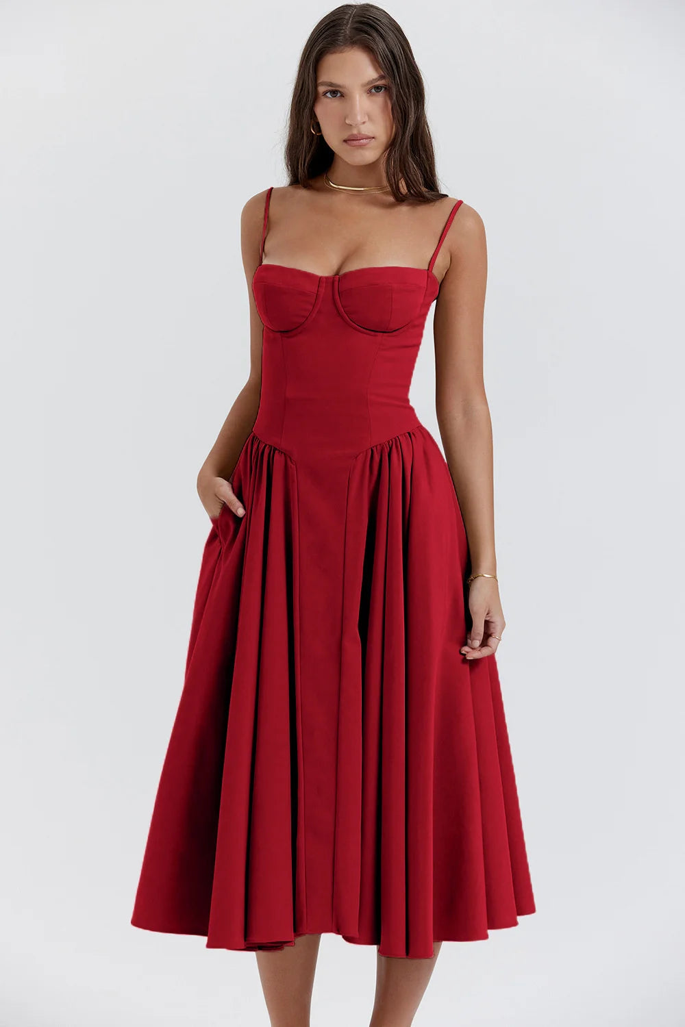 Elegant Women Dress Spaghetti Strap A-line Loose Midi Dresses Female Sleeveless Backless French Retro Long Dress