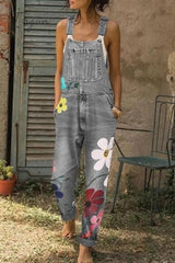 Ingvn -  Flower-printed Baggy Jeans With Suspenders(3 Colors)