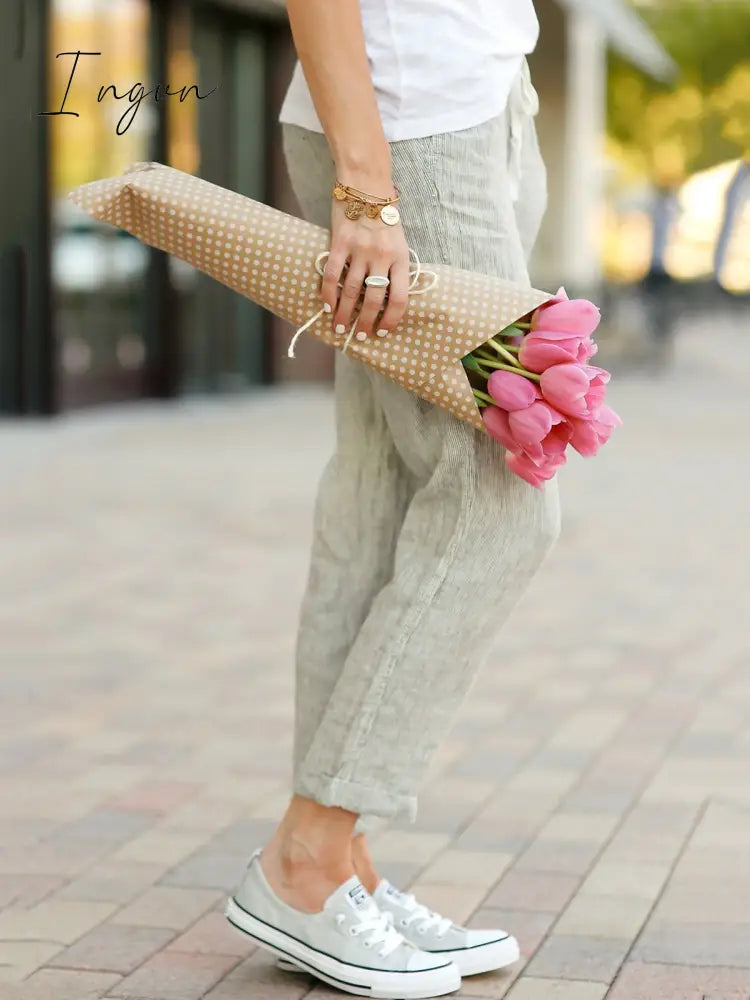 Ingvn - Summer Capri Pants Pockets Drawstring Casual Pants