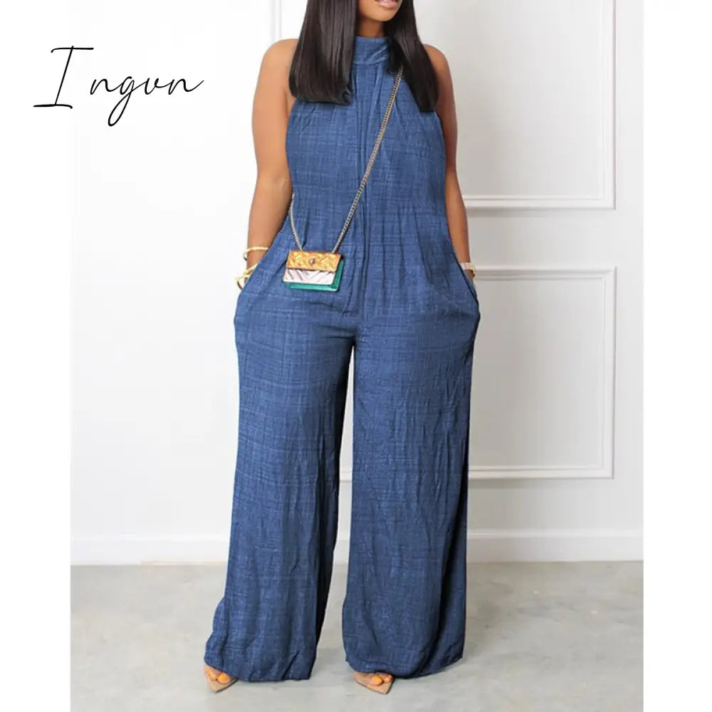 Ingvn - Women Elegant Fashion Denim Look Print Pocket Wide Leg Pants Jumpsuit Women Casual Loose Romper Overalls Onepieces Streetwear