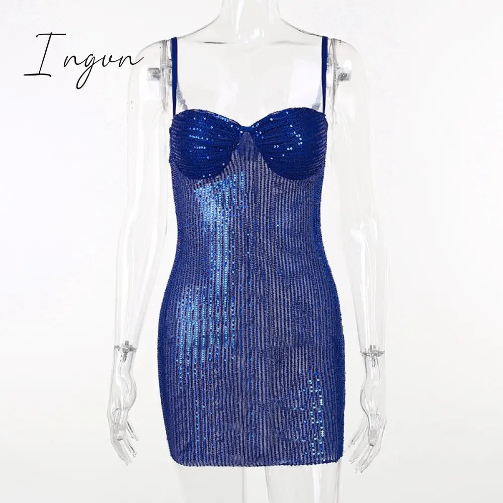 Ingvn - Fashion Sequins Skinny Mini Dress Women Spaghetti Strap Sleeveless Backless Slipdress Glitter Sparkle Sexy Club Dress