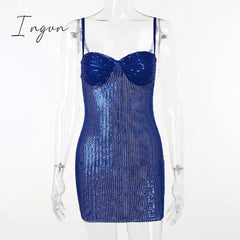 Ingvn - Fashion Sequins Skinny Mini Dress Women Spaghetti Strap Sleeveless Backless Slipdress Glitter Sparkle Sexy Club Dress
