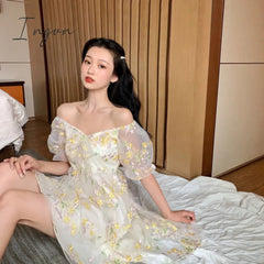 Ingvn - French Floral Dress Women Sexy Puff Sleeve Lace Chiffon Print Mini Dress Women Summer Korean Style Vintage Fairy Dress New