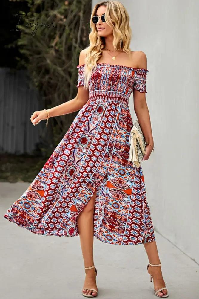Ingvn - Bohemian Off-Shoulder Frill Trim Split Dress