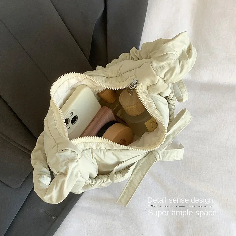 Ingvn  Popular Preppy Style Nylon Bow Hobo Bag Women Cute Pretty Pleated Shoulder Crossbody Bag Drawstring Exquisite Shoulder Bag