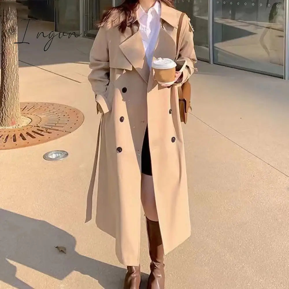 Ingvn - 2023 Spring Woman Long Trench Coat Fashion Korean Streetwear Loose Cloak Casual Elegant Khaki Black Women's Windbreaker Coat New