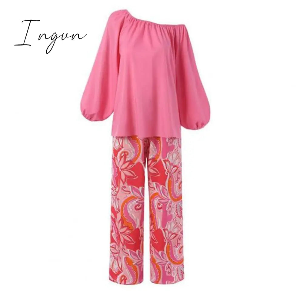 Ingvn - Pants Sets Fashion One Shoulder 3/4 Sleeve Tops Floral Print Wide Leg Trouser Women Two Piece Sets Casual Loose Suit