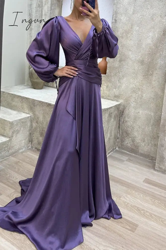 Ingvn - Elegant Formal Solid Fold V Neck Evening Dresses(3 Colors)