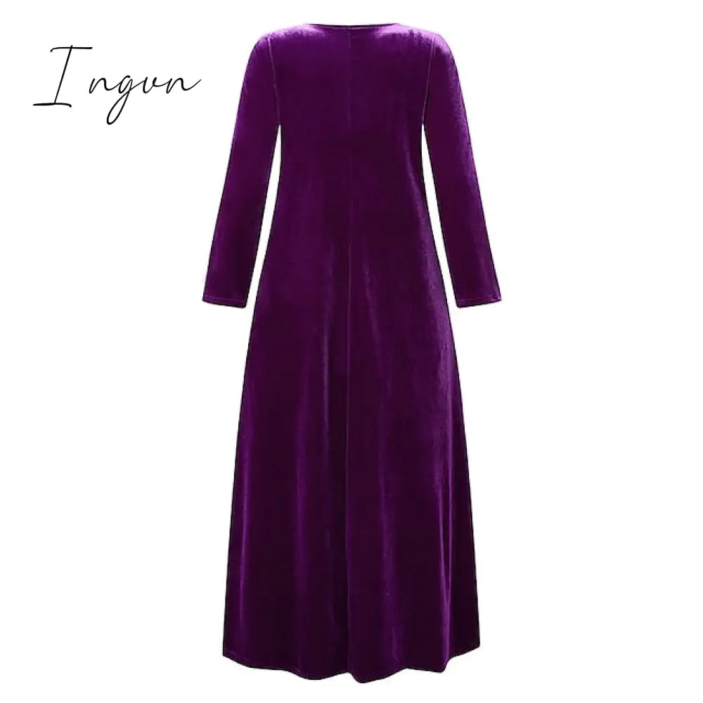 Ingvn - Women‘s Velvet Dress Shift Dress Caftan Dress Long Dress Maxi Dress Green Black Purple Long Sleeve Pure Color Pocket Winter Fall Spring Crew Neck Mature Winter Dress Daily Vacation 2023