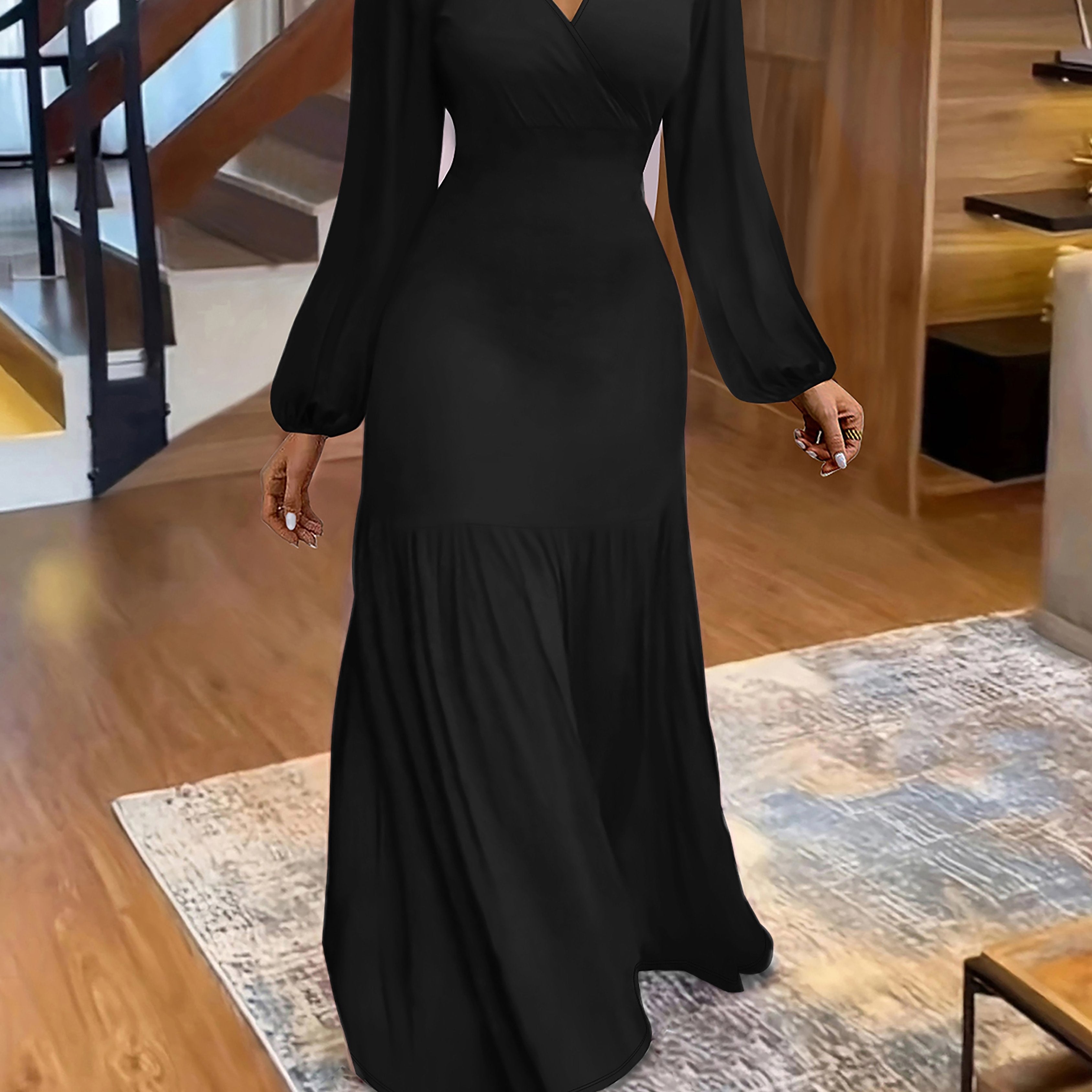 Stunning Ruched Maxi Dress - Elegant V Neck, Lantern Long Sleeves, Party-Perfect, Women's Clothing for Special Occasions