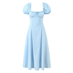 New Women Sexy Off Shoulder Elegant Party Dresses Short Sleeve Lace Up Back A-line Midi Summer Dress Blue White Robe