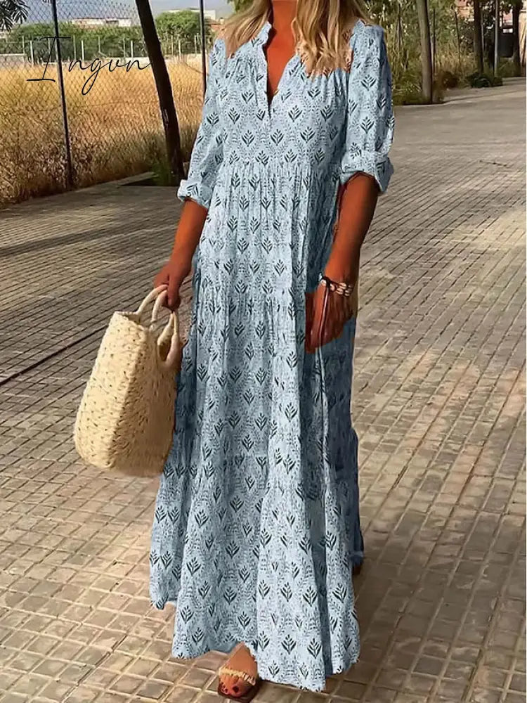 Ingvn - Women's Long Dress Maxi Dress Casual Dress Summer Dress Print Dress Geometric Fashion Streetwear Outdoor Date Vacation Print 3/4 Length Sleeve V Neck Dress Regular Fit Pink Blue Green Summer Spring S
