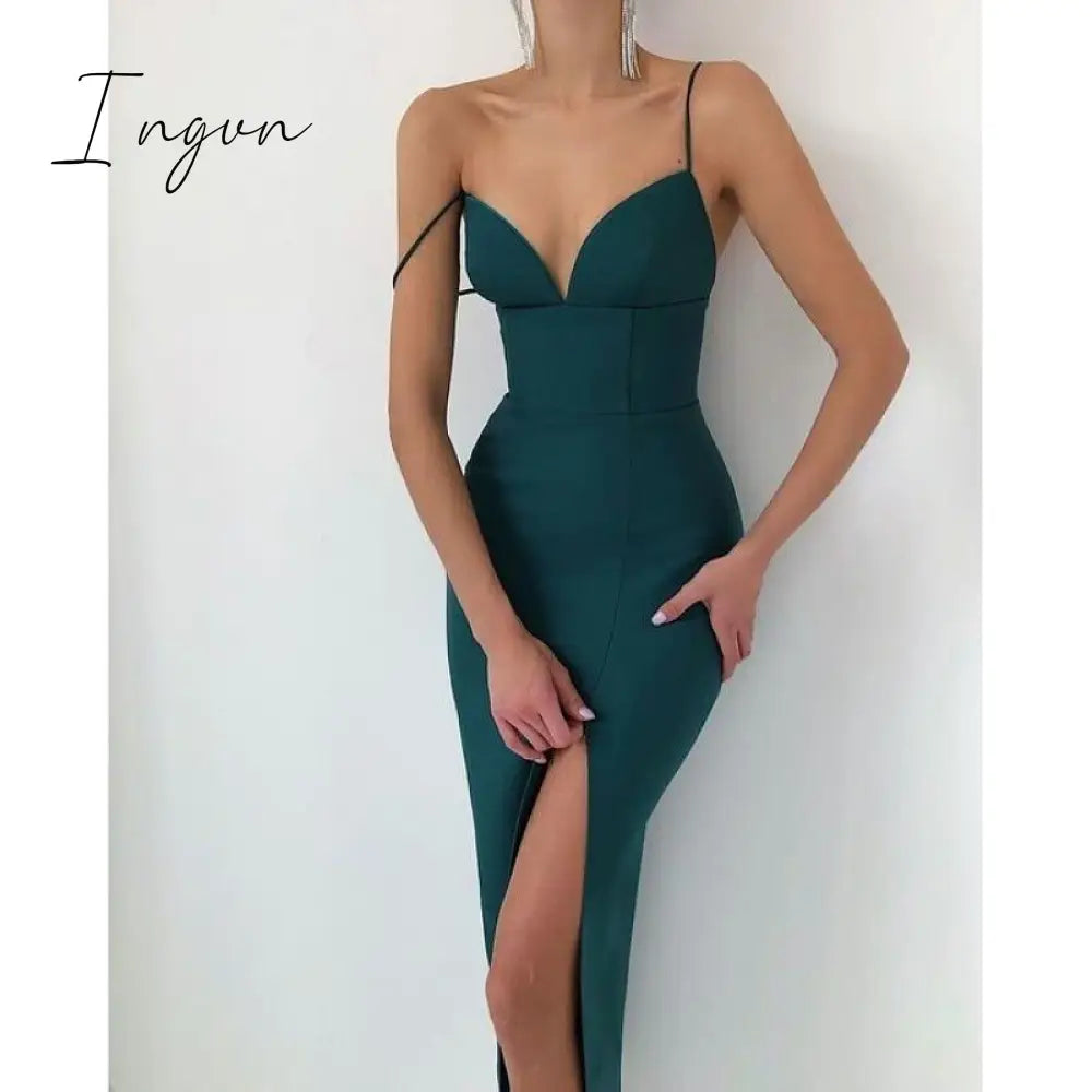 Ingvn - RO New Summer Women White Bodycon Bandage Sexy V Neck Spaghetti Strap Club Celebrity Evening Runway Party Long Dresses For Women