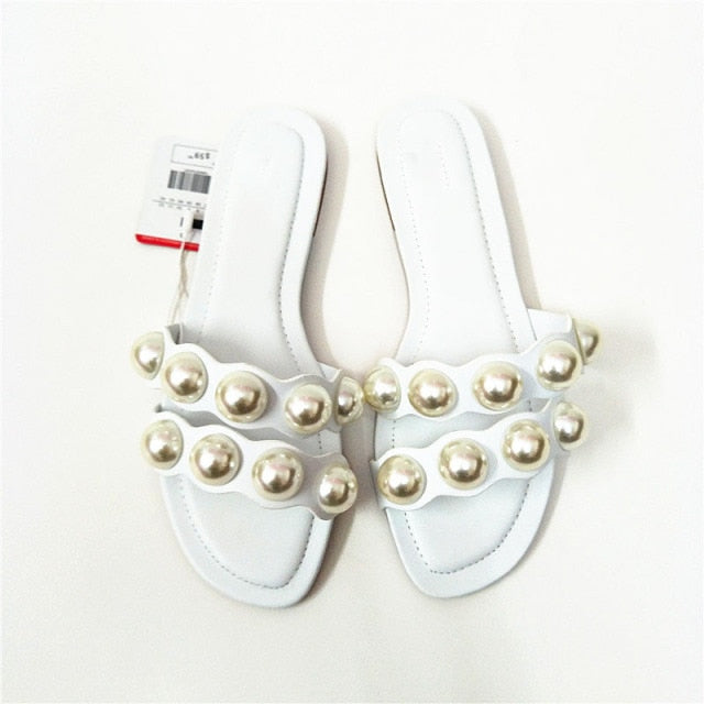 brand shoes 2026 Fashion Flat Slippers Party  shoes Fulgurant Pearl Sandals thin Belt Roman Flat Women Flip Flops Casual Beach