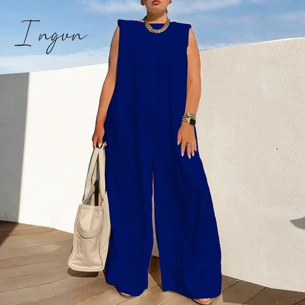 Ingvn - Summer Women Casual O-Neck Sleeveless Tank Playsuits Fashion Pattern Print Wide Leg Jumpsuit Office Lady Loose One Piece Rompers