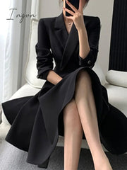 Ingvn - Elegant Dresses for Women Long Sleeve Streetwear Fashion Dress Slim Fit Solid Button Midi Notched 2023 New Spring Summer Dress