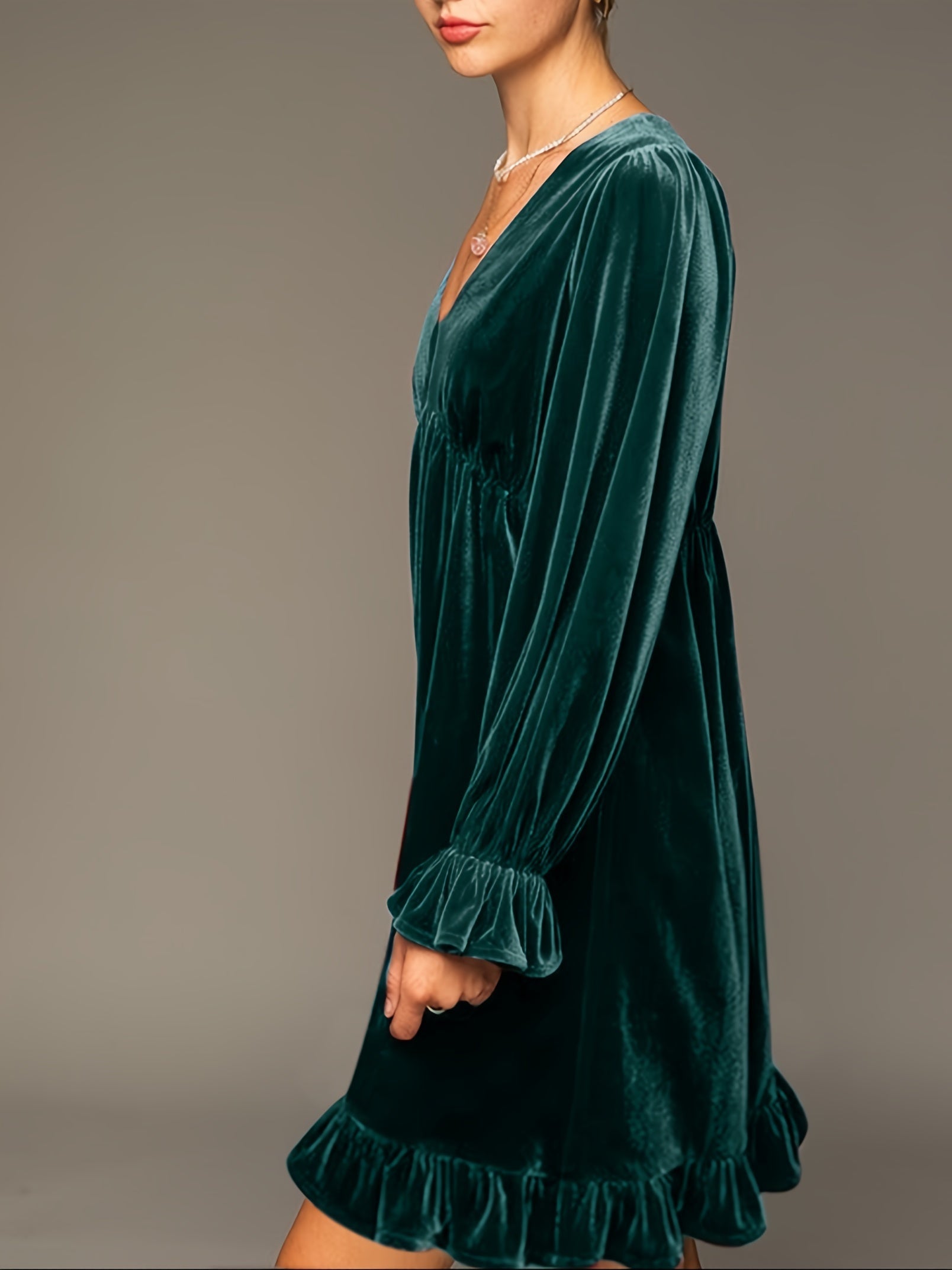 V Neck Velvet Dress For Women Long Sleeve Ruffle Midi Dress Wedding Party Dress With Pockets