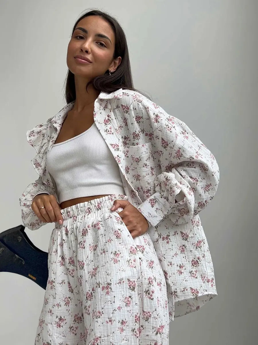 Ingvn  Women Spring Summer 100% Cotton Shorts Suit Office Lady Long Sleeve Loose Shirt + Shorts 2 Piece Sets Womens Outfits