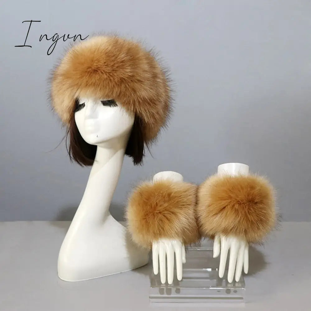 Ingvn - New Autumn Winter Caps Female Hats Cuffs Set Fashion Warmth Imitation Quality Design Faux Fur Hat Fox Fur Sleeves Suit Accessary