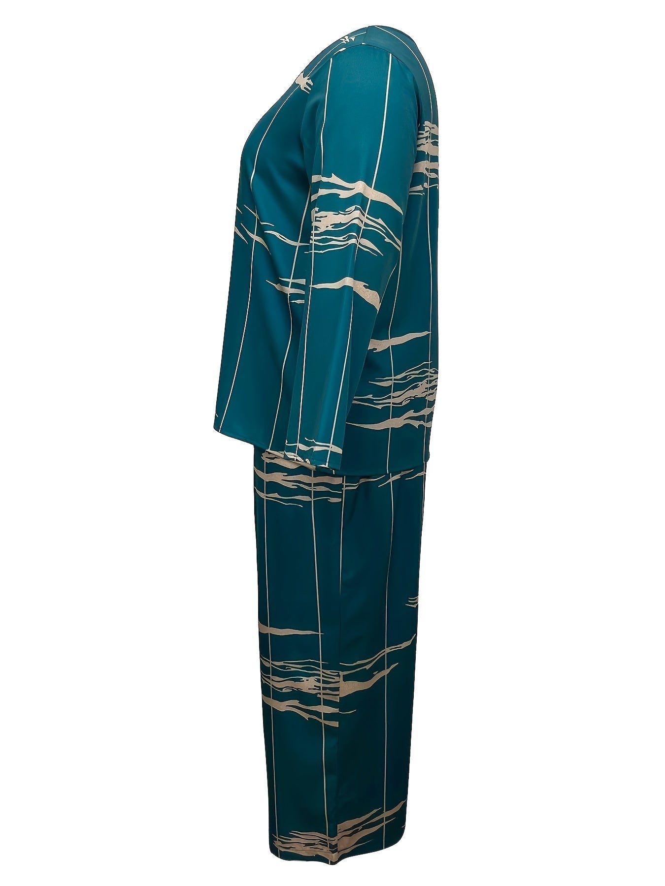 Plus Size Casual Outfits Two Piece Set, Women's Plus Random Print Long Sleeve Round Neck Top & Wide Leg Pants Outfits 2 Piece Set