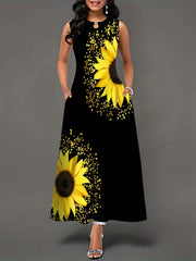 Sunflower Bloom Keyhole Maxi Dress - Casual Crew Neck, Sleeveless with Pockets - Feminine & Flattering Womens Summer Wear