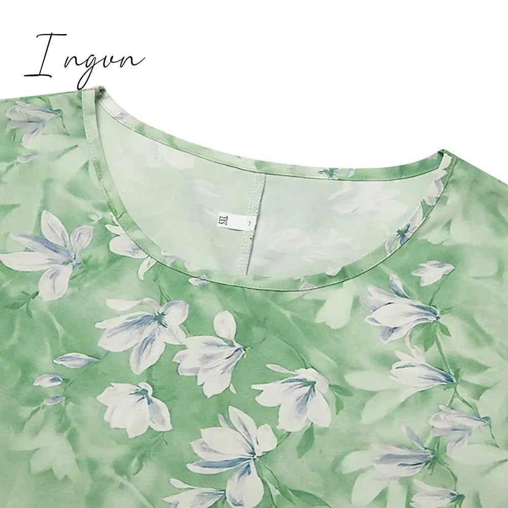 Ingvn - Women's Plus Size Curve Two Piece Dress Floral Round Neck Print 3 4 Length Sleeve Spring Summer Casual Knee Length Dress Casual Daily Dress