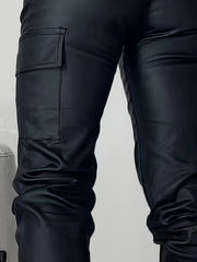 Stretchy Cargo Jeans - High-Waisted, Multi-Pocket, Leather-Look, Y2K Streetwear-Inspired, Fashionable Jogger Jeans for Women - Comfortable, Versatile, and Trendy Denim Clothing