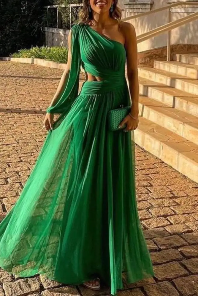 Ingvn - Sexy Formal Solid Patchwork Oblique Collar Evening Dress Dresses