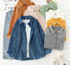 Ingvn - Corduroy Women Blouses Shirts Tunic Womens Tops And Blouses Womenswear Long Sleeve Clothing Button Up Down Loose White New