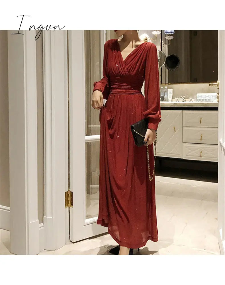 Ingvn - Vintage Glitter Long Maxi Dress Women Spring High Waist Long Sleeve Elegant Boho Dress Shiny Party Dress Plus Size Sexy