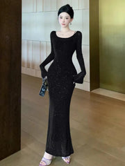 Women's Dress Suits Slash Neck Off Shoulder Spaghetti Straps Party Dresses +  Long Sleeve Bright Silk Mesh Smock Two Pieces Set