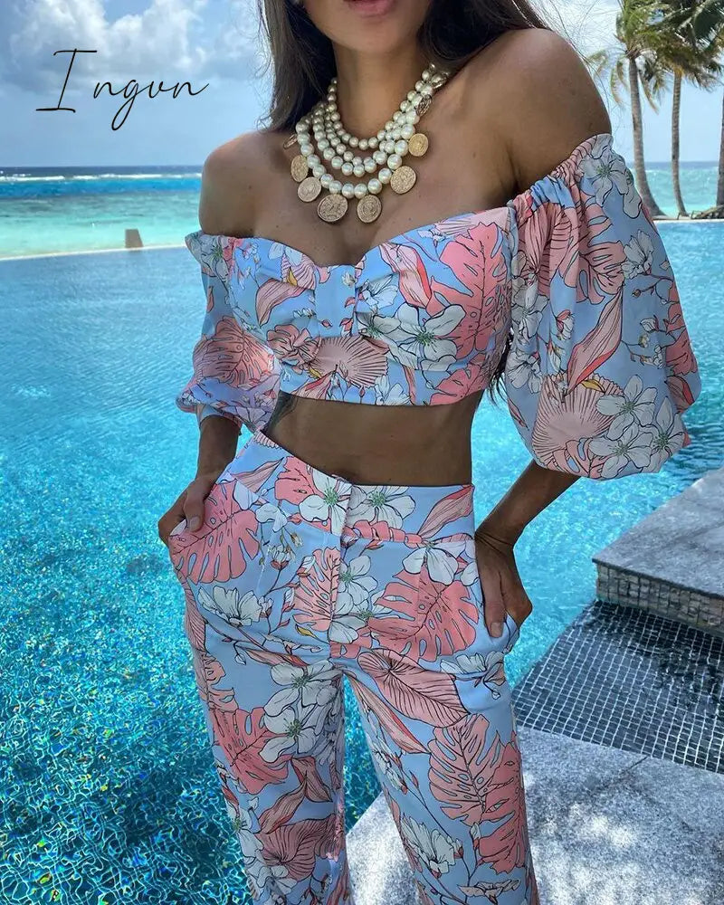 Ingvn - Women Fashion Two Piece Sets Print  Suits Summer Beach Streetwear Autumn 2 Piece SetsTops +Elegant Long Pants