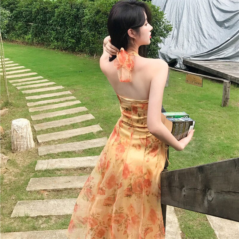 Women Midi Floral Halter Slip Dress Summer Vintage Painting Flowers Backless Casual Party Night Vacation Runway Vestidos