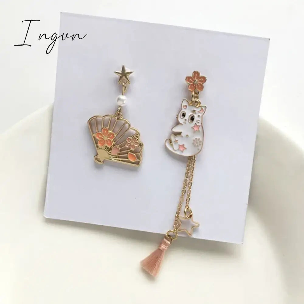 Korean Style Flower Cute Animal Dangle Earrings For Women Moon Stars Kitten Rabbit Balloon Asymmetric Earring Party Jewelry Gift