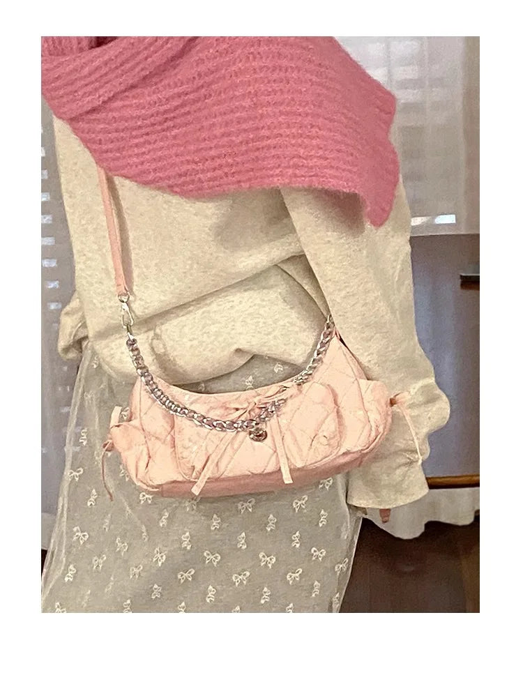 INGVN  Elegant Pink Shoulder Bag for Women Summer Fashion Leather Casual Cute Handbag Chains Hot Girls Daily Gentle Armpit Bag