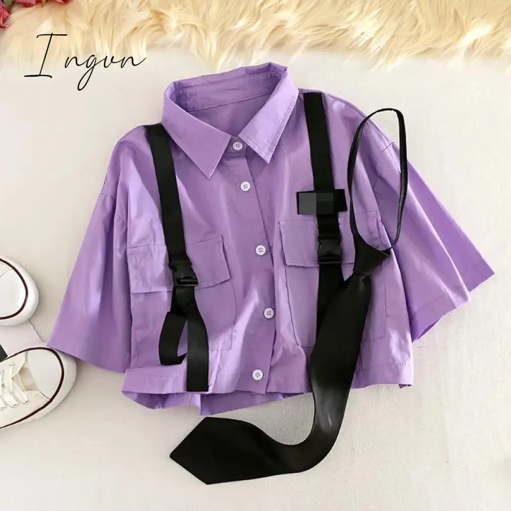 Ingvn - Spring Womens Fashion Autumn Streetwear Pants High-Waist Straight Ribbon Cargo Pants Student Loose Short-Sleeved Shirt with Tie two-piece Set
