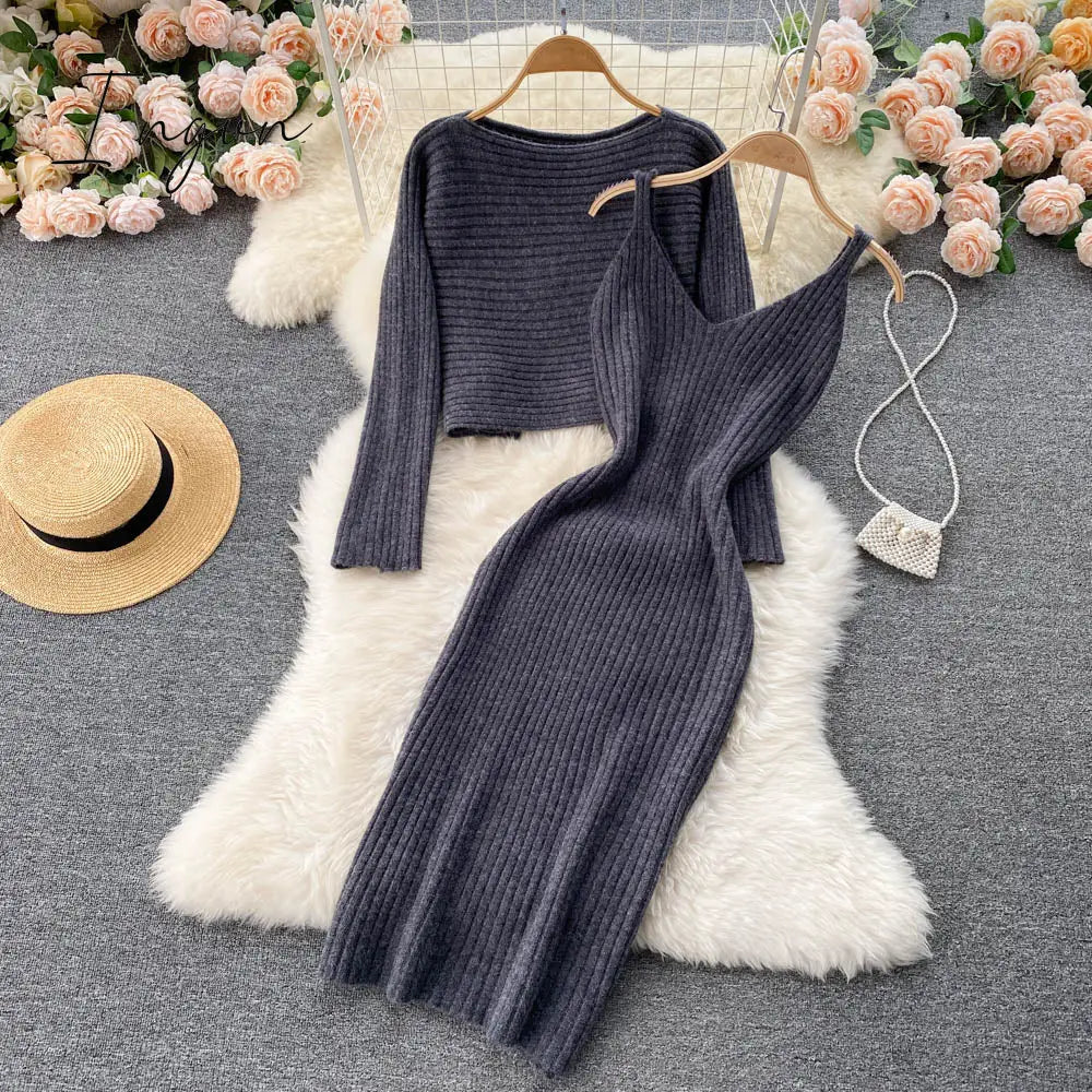 Ingvn - Women Elegant Slim Two Piece Sets Female Sweater Dress Autumn Winter High Waist Knitted Ensemble Femme Medium Long Party Dresses