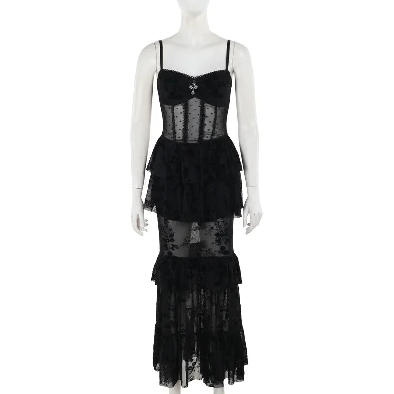 Gothic Dress Autumn New Sexy Long Dress Halloween Dark Style Elegant Mesh Strap Dress for Women