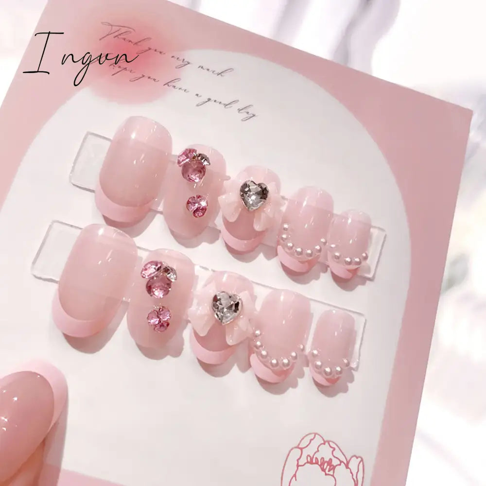 Glitter Fairy Rhinestone False nail Tips for Bride lady Wearable Sweet Crystal Design Press on Nails Mid Length Fake Nail Patch
